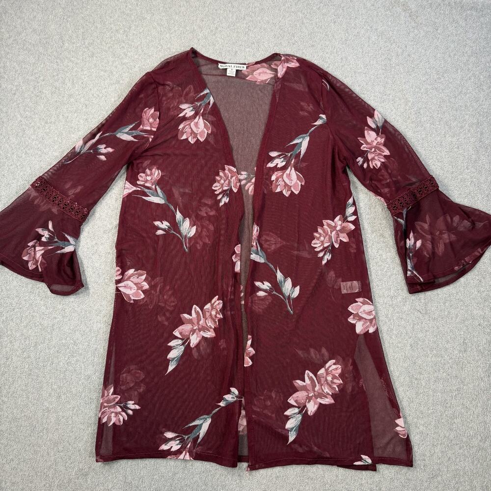 Moral Fiber Women's Small Sheer Mesh Floral Cardigan Kimono Burgundy Bell Sleeve